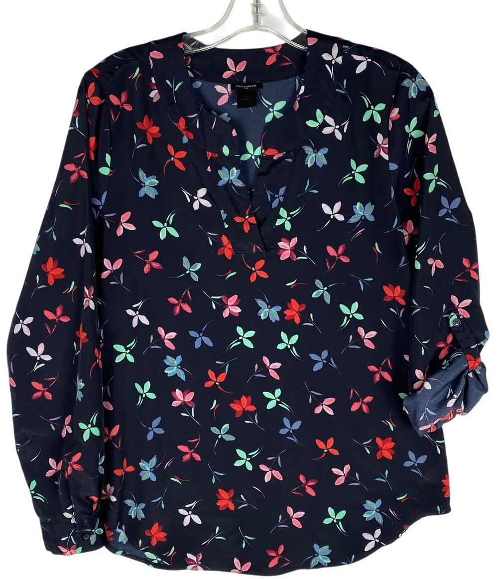 Ann Taylor Floral Split Neck Blouse Womens S Navy Roll-Tab Sleeves Office Career